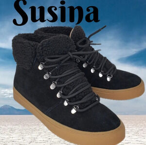 Susina Womens Black Suede Faux Fur Lace Up Ankle Booties Sz 8M